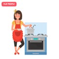 Housewife cooks soup on the stove color flat illustration