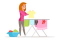 Housewife drying clean clothes flat illustration Royalty Free Stock Photo