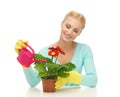 Housewife with flower in pot and watering can Royalty Free Stock Photo