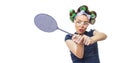 Housewife with fly swatter Royalty Free Stock Photo