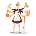 Housewife girl and home cleaning equipment icon in flat style vector illustration.