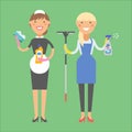 Housewife girl homemaker cleaning pretty girl wash cleanser chemical housework product equipment vector.