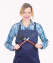 Housewife in good mood. food cooking recipe. Picnic barbecue. Pretty girl in chef apron. Tools for cook. Woman hold Royalty Free Stock Photo