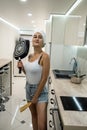 housewife with frying pan in the kitchen prerare breakfest after shower Royalty Free Stock Photo