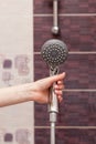 Housewife holds in her hand cleen and ÃÂlosed off rain shower head in the bathroom