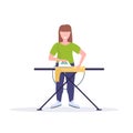 Housewife ironing clothes young woman holding iron smiling girl doing housework concept female cartoon character full