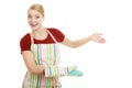 Housewife kitchen apron making inviting welcome gesture Royalty Free Stock Photo