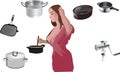 Housewife in the kitchen with housewares and tableware