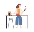 Housewife looking recipe holding tablet during cooking at kitchen vector flat illustration. Domestic woman surfing