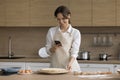 Housewife makes photo on cell of fresh baked prepared pizza Royalty Free Stock Photo