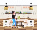 Housewife mopping floor woman cleaner using mop cleaning service housework concept modern kitchen interior full length