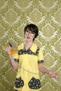 Housewife nerd retro unhappy iron chores Royalty Free Stock Photo