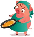 Housewife pig female bakes pancakes in pan