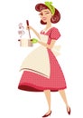 Housewife pin up in red retro dress holding pot and cooking soup in her kitchen room. Vintage style vector illustration isolated