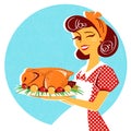 Housewife portrait with roasted chicken on plate Royalty Free Stock Photo