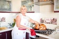 Housewife cooking garnished roasted turkey on Christmas on a kitchen background. Thanksgiving turkey concept.