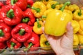 Housewife is shopping Ripe Yellow and Red Peppers in Vegetables market Royalty Free Stock Photo