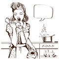 Housewife shouting on the phone in the kitchen room Royalty Free Stock Photo