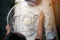 Housewife use white cloth Wipe and clean the electric fan.