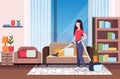 Housewife using vacuum cleaner girl vacuuming couch doing housework housekeeping cleaning service concept modern living