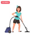 Housewife vacuums the floor color flat icon