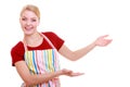 Housewife or waitress making inviting welcome gesture kitchen apron isolated Royalty Free Stock Photo