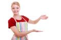 Housewife or waitress making inviting welcome gesture kitchen apron isolated Royalty Free Stock Photo