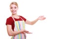 Housewife or waitress making inviting welcome gesture kitchen apron isolated Royalty Free Stock Photo