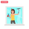 Housewife washes the window color flat illustration