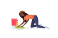 Housewife washing floor on knees african american woman cleaner using cloth and bucket girl doing housework cleaning