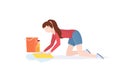 Housewife washing floor on knees woman cleaner using cloth and bucket girl doing housework cleaning service concept full