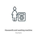 Housewife and washing machine outline vector icon. Thin line black housewife and washing machine icon, flat vector simple element Royalty Free Stock Photo