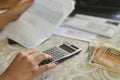 Housewife woman calculate energy invoice bills costs,family expenses price crisis