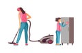 Housewife woman with vacuum cleaner cleaning room. Royalty Free Stock Photo