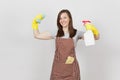 Portrait of young attractive smiling brunette caucasian housewife on white background. Beautiful housekeeper woman Royalty Free Stock Photo