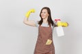 Portrait of young attractive smiling brunette caucasian housewife on white background. Beautiful housekeeper woman Royalty Free Stock Photo