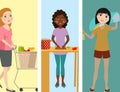 Housewifes homemaker woman banners cute cleaning cartoon girl housewifery female wife character vector illustration.