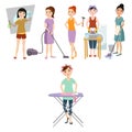 Housewifes homemaker woman cute cleaning cartoon girl housewifery female wife character vector illustration. Royalty Free Stock Photo