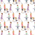 Housewifes homemaker woman cute cleaning cartoon girl seamless pattern background housewifery female wife character