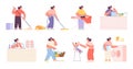 Housewives characters. Girl with vacuum cleaner, woman clean surfaces and cook. Mom working at home, tired female with
