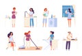 Housewives. Woman housewife doing housework, happy mother cooks in kitchen, ironing and cleaning, vacuuming. Cartoon