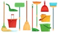 Housework broom and mop. Sweeper brooms, home cleaning mops and cleanup broom with dustpan isolated cartoon vector illustration