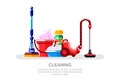 Housework and cleaning service concept. Vacuum cleaner, bucket and mop, vector isolated illustration Royalty Free Stock Photo