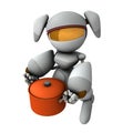 Housework and cooking. A female robot holding a large cooking pot. A cute white robot composed of curved surfaces.