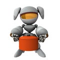 Housework and cooking. A female robot holding a large cooking pot. A cute white robot composed of curved surfaces.