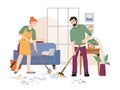 Housework, couple sweeping, cleaning floor in room Royalty Free Stock Photo