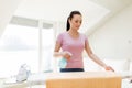 Woman or housewife ironing towel at home Royalty Free Stock Photo