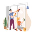 Housework household couple washing window together Royalty Free Stock Photo