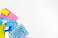 Housework, housekeeping, household, cleaning service concept. Bottles of detergent, rags and sponges on white background