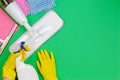 Housework, housekeeping, household, cleaning service concept. Cleaning spray mop, rags, sponges on green and woman hands